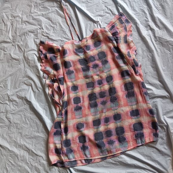 Cotton Boho Blue & Pink Indigo Rose Top w/Short Ruffled, Med. Great for Jeans. - Picture 3 of 4